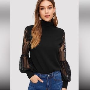 Turtleneck Lace Lantern Sleeve Top